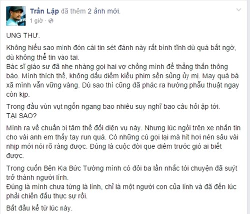 Nội dung dòng trạng thái Trần Lập chia sẻ trên trang cá nhân - Ảnh: Chụp từ FBNV