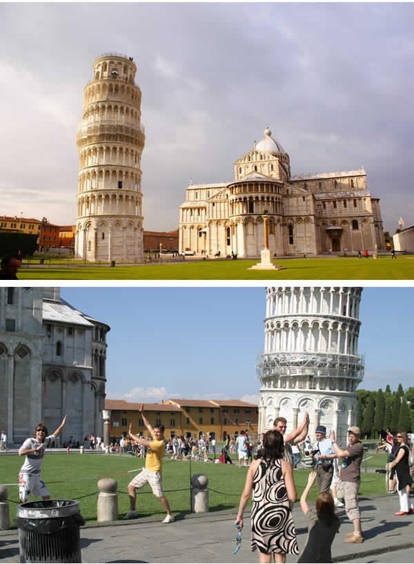 Cứ đến tháp nghiêng Pisa là mọi người đua nhau "xô" tháp. (Ảnh: 9GAG).