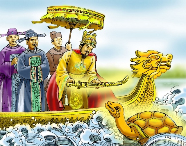 Vua Lê Thái Tổ hoàn gươm báu cho rùa thần. (Ảnh: Internet)