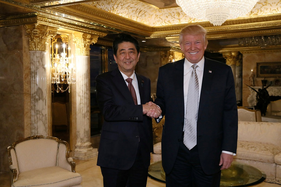 Japan's Prime Minister Shinzo Abe meets with U.S. President-elect Donald Trump at Trump Tower in Manhattan, New York