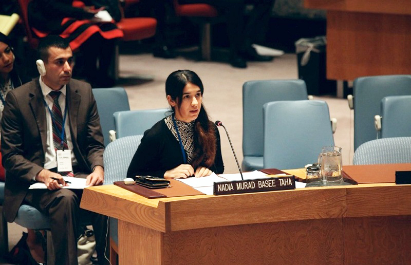 Nadia Murad Basee Taha tại một cuộc họp của Hội đồng Bảo an về nạn buôn bán người trong hoàn cảnh xung đột. (Ảnh: yazda.org)