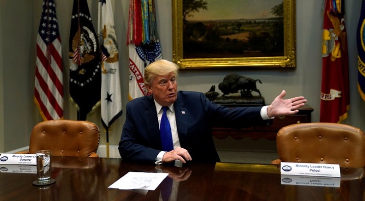 Trump speaks with reporters after meeting with McConnell and Ryan at the White House in Washington