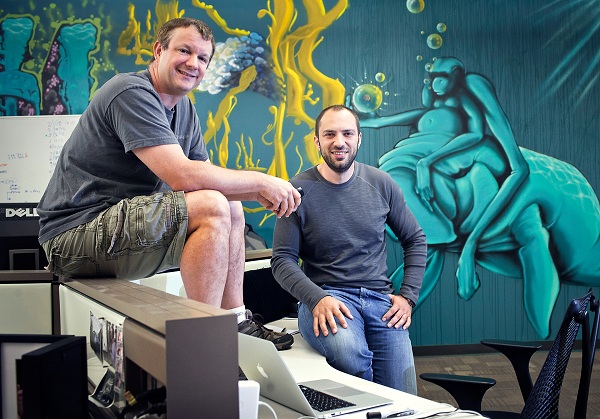WhatsApp founders Brian Acton, left, and Jan Koum at company headquarters in Mountain View.