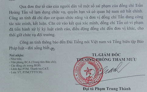 Phần trả lời của Công an tỉnh Kiên Giang cho cơ quan báo chí về kết quả xử lý ông Tấn