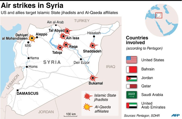 Các vị trí mà quân đội Mỹ không kích trên bản đồ Syria.