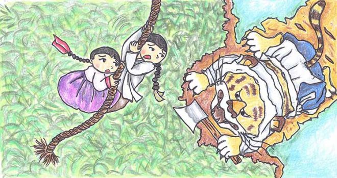 Hai đứa trẻ nắm lấy dây bay lên. (Tranh minh họa qua asianfolktales.unescoapceiu.org)