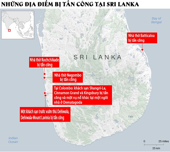 Các địa điểm xảy ra 8 vụ nổ tại Sri Lanka ngày 21/4.