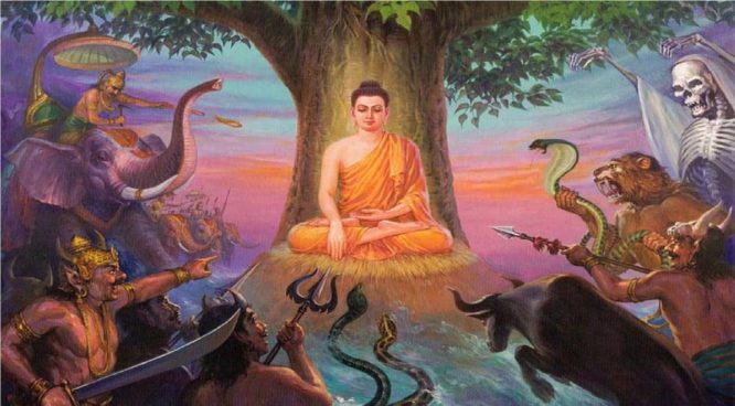 Quỷ Mara đến quấy phá Đức Phật Thích Ca Mâu Ni khi Ngài ngồi dưới gốc cây bồ đề. (Ảnh qua Pinterest)