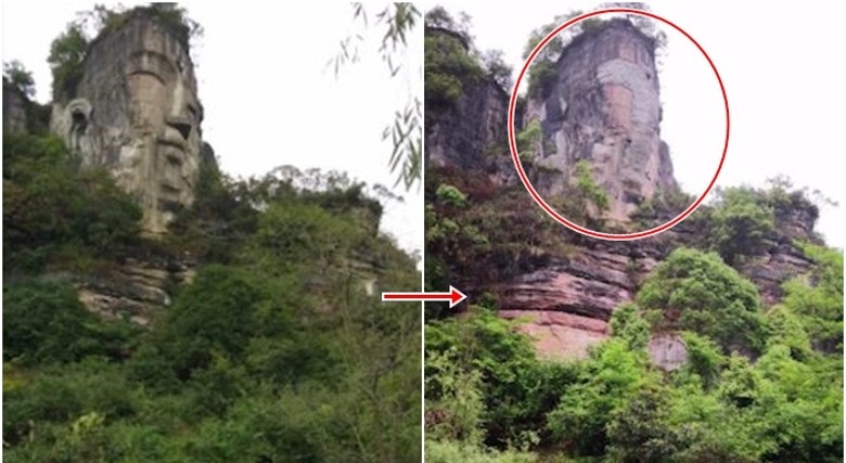 Bức tượng "Hạ Thuỷ Đại Phật" trước và sau khi bị tô trét xi măng. (Ảnh: wangluotupian).