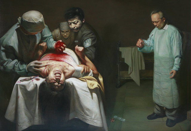 Tranh minh họa tội ác giết người lấy nội tạng ở Trung Quốc.