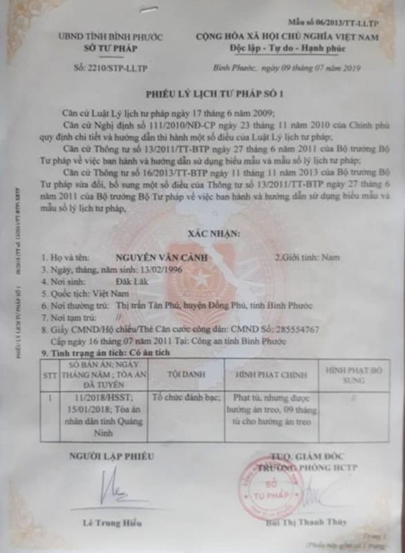Tờ phiếu lý lịch tư pháp ban đầu của anh Cảnh được xác định có án tích do TAND tỉnh Quảng Ninh tuyên về tội 'tổ chức đánh bạc'