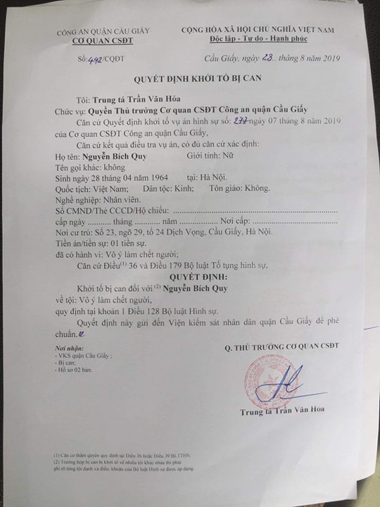 Quyết định khởi tố bà Nguyễn Bích Quy.