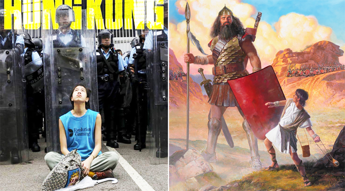 Những người biểu tình Hồng Kông tay không tấc sắt, đứng cầm dù đối mặt với phía cảnh sát được trang bị toàn bộ vũ trang khiến người ta liên tưởng đến câu chuyện của ba ngàn năm trước. (Ảnh: TH)