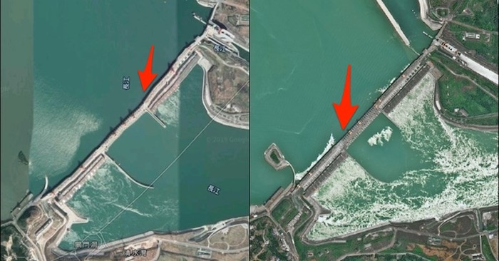 Dấu hiệu bất thường trên đập Tam Hiệp được ghi lại qua ảnh chụp vệ tinh.