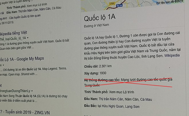 Bảng tri thức Google công nhận đường quốc lộ 1A thuộc mạng lưới cao tốc quốc giá Trung Quốc là sai sự thật.