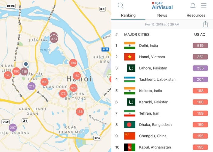 Ô nhiễm không khí tại Hà Nội sáng 12/11 theo AirVisual.