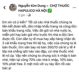 TK Facebook Nguyễn Kim Dung kêu gọi các nhà thuốc không nhập khẩu cũng không bán khẩu trang nữa. (Ảnh qua cafebiz)