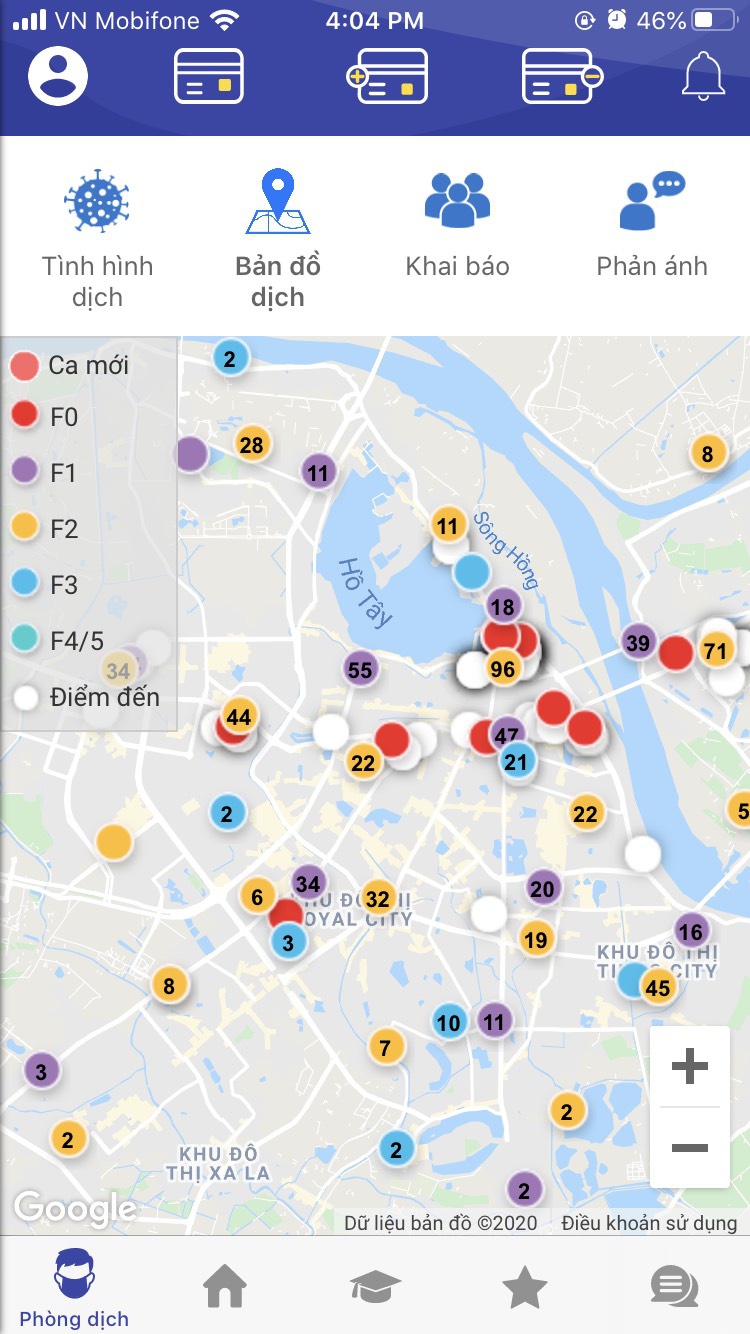 Bản đồ các ca nhiễm và trường hợp tiếp xúc gần trên địa bàn Hà Nội trên ứng dụng Hà Nội Smart City. (Ảnh qua Zing)