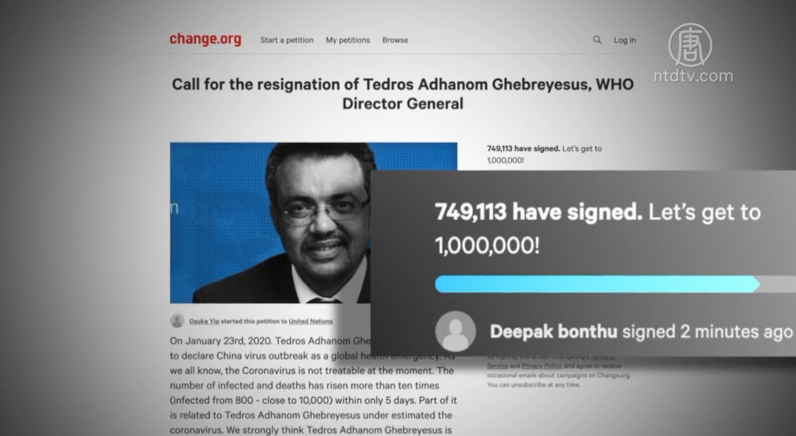 Tính đến ngày 08/4, số người ký tên kêu gọi ông Tedros Adhanom từ chức trên trang Change.org đã hơn 740.000 người. 