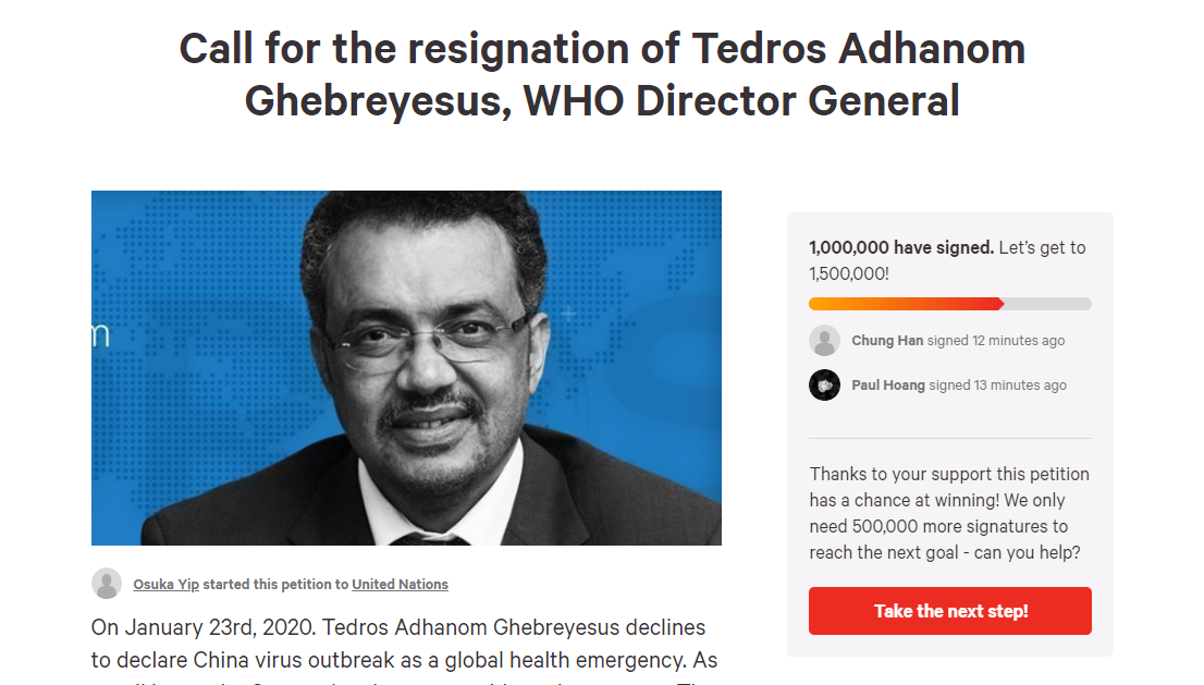 Bản kiến nghị Tổng giám đốc WHO từ chức đạt 1 triệu chữ ký - Ảnh 1