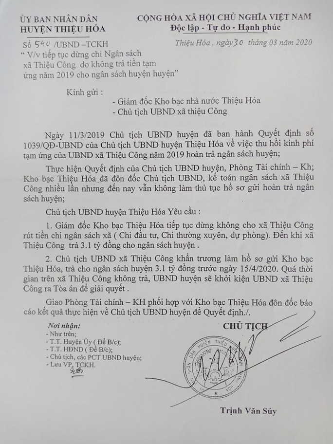 Công văn huyện đốc thúc trả nợ của UBND huyện Thiệu Hóa. (Ảnh qua nld)