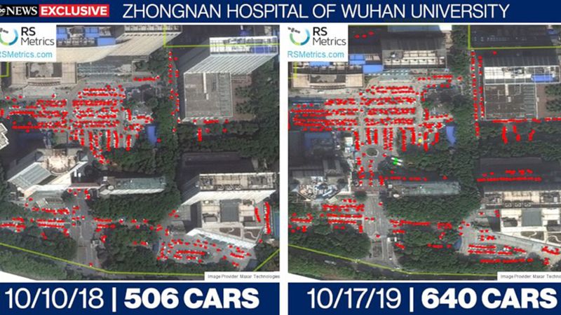 Hình ảnh vệ tinh của một bãi đậu xe bệnh viện Vũ Hán vào tháng 10 năm 2018 và tháng 10 năm 2019.