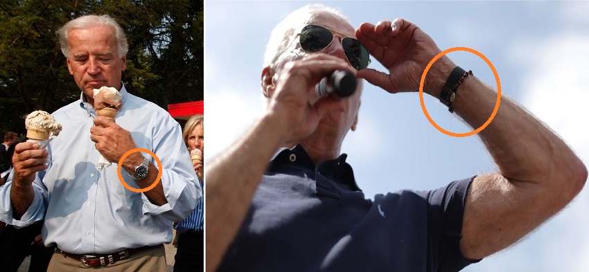 Biden thường xuyên đeo đồng hồ hoặc có chăng là 1 chiếc vòng không thể tạo ra đầu nhọn như trong camera
