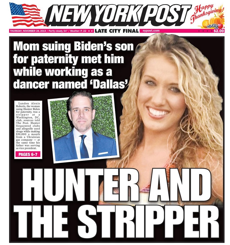 Hunter Biden và Lunden Alexis Roberts xuất hiện trên trrang bìa của New York Post
