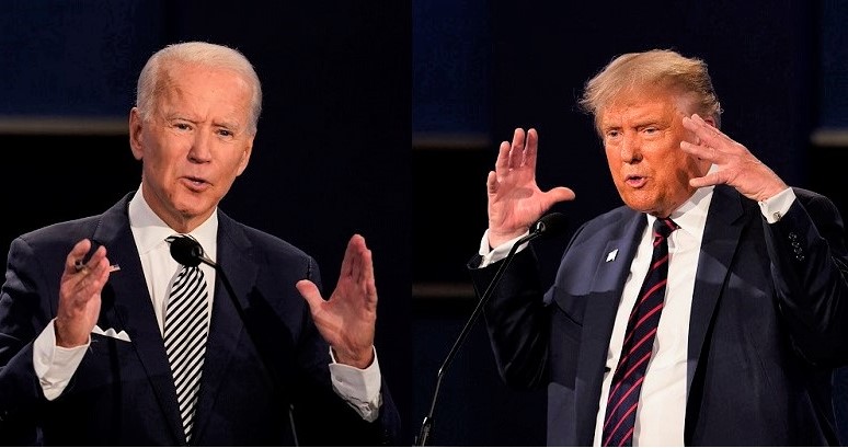 Trong hình ảnh kết hợp  của Tổng thống Donald Trump và ứng cử viên đảng Dân chủ Joe Biden trong cuộc tranh luận  đầu tiên ở Cleveland, Ohio vào ngày 29/9/2020