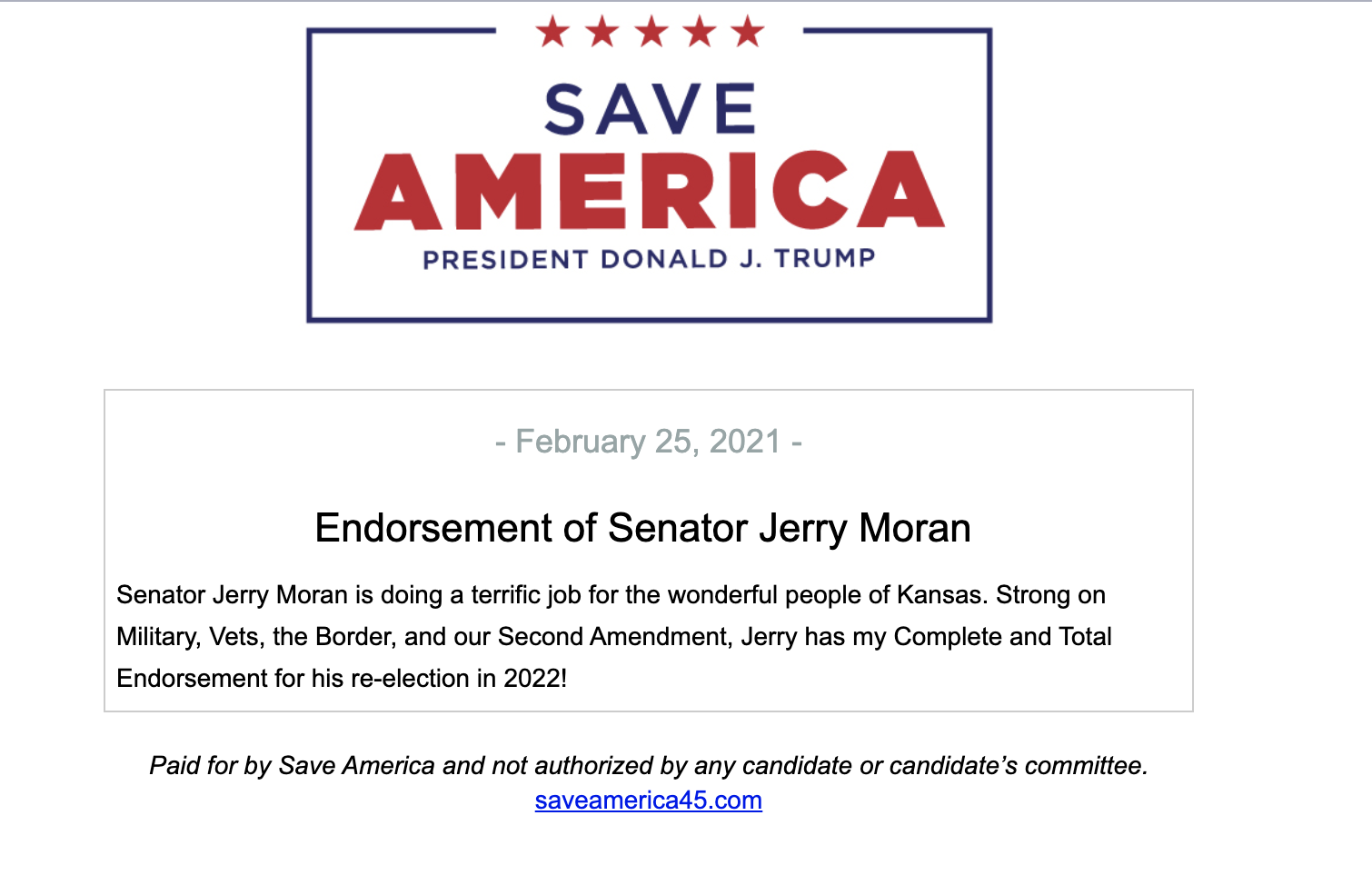 Cựu TT Trump ra chứng thực thứ ba cho Thượng nghị sĩ Jerry Moran
