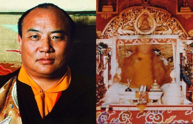 Trái: Lạt ma Rangjung Rigpe Dorje. Phải: Thân thể vị lạt ma đạt trạng thái hồng hóa trong Nghi thức Vương miện đen