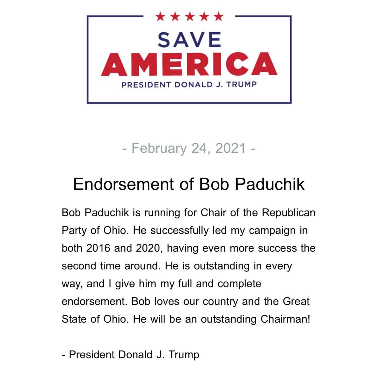 Cựu TT Trump ra chứng thực thứ hai, ủng hộ cựu cố vấn chiến dịch Bob Paduchik - ảnh 2