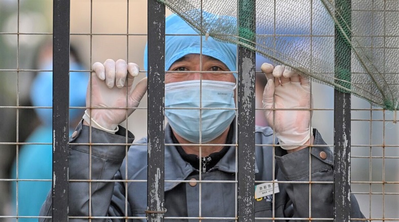 Một công nhân đeo khẩu trang nhìn ra từ lối vào của một bệnh viện về phía trung tâm kiểm soát và phòng ngừa dịch bệnh Vũ Hán, sau khi các thành viên của nhóm Tổ chức Y tế Thế giới (WHO) điều tra nguồn gốc của coronavirus Covid-19 đến trung tâm, tại Vũ Hán, tỉnh Hồ Bắc trung tâm của Trung Quốc vào ngày 1/2/2021.