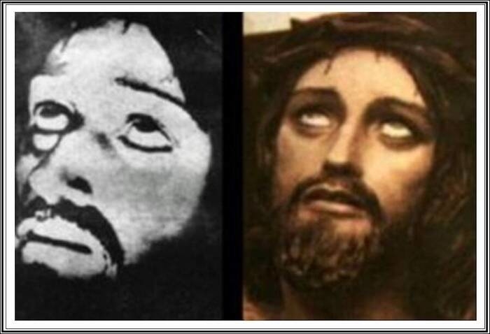 Bức ảnh Chúa Giêsu do Chronovisor ghi lại (trái) và một bức tranh tương tự kỳ lạ (phải) được tạo ra từ rất lâu trước khi Ernetti tung ra bức ảnh của mình. 