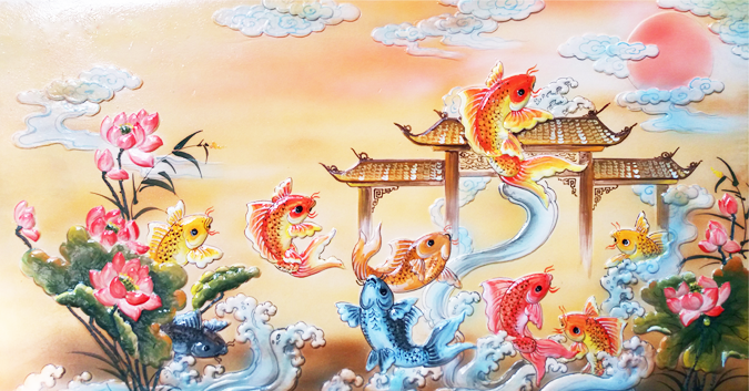 Cá chép hóa rồng - một huyền thoại thần thoại đầy hấp dẫn của dân tộc Việt Nam đã được tái hiện qua tranh vẽ. Bức tranh với các chú cá chép hóa rồng được vẽ tinh xảo và đầy màu sắc sẽ đưa bạn vào thế giới của truyền thuyết đầy ma mị.